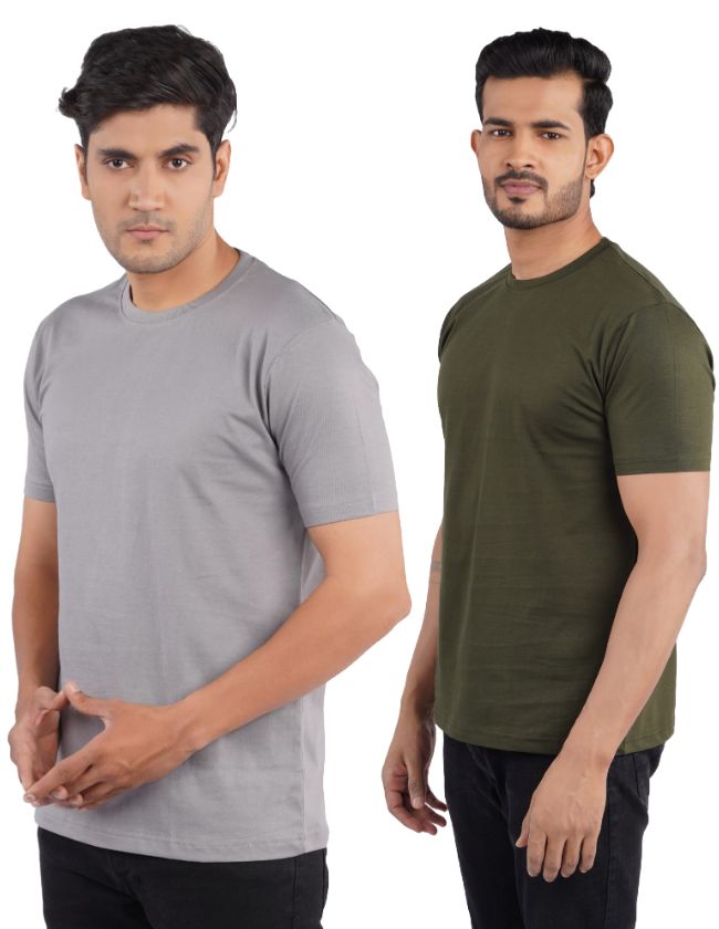 Grey & Olive Green Crew Neck Combo