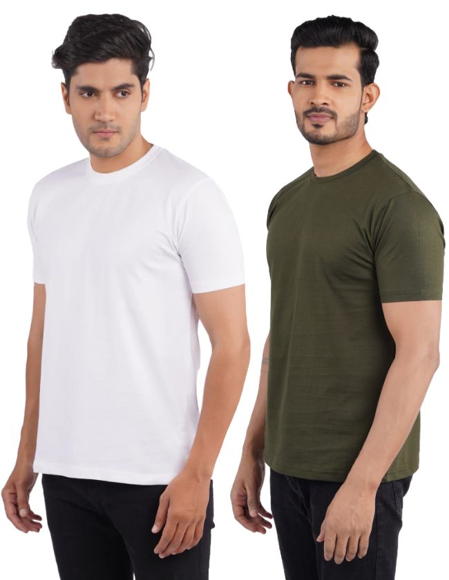 White & Olive Green Crew Neck Combo